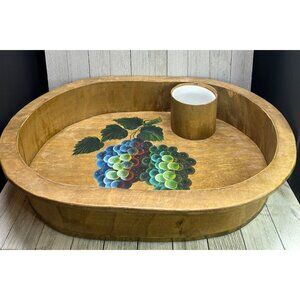 Vtg Wooden Deep Serving Tray Platter w/ Ceramic Cup Insert Grape Painted Design